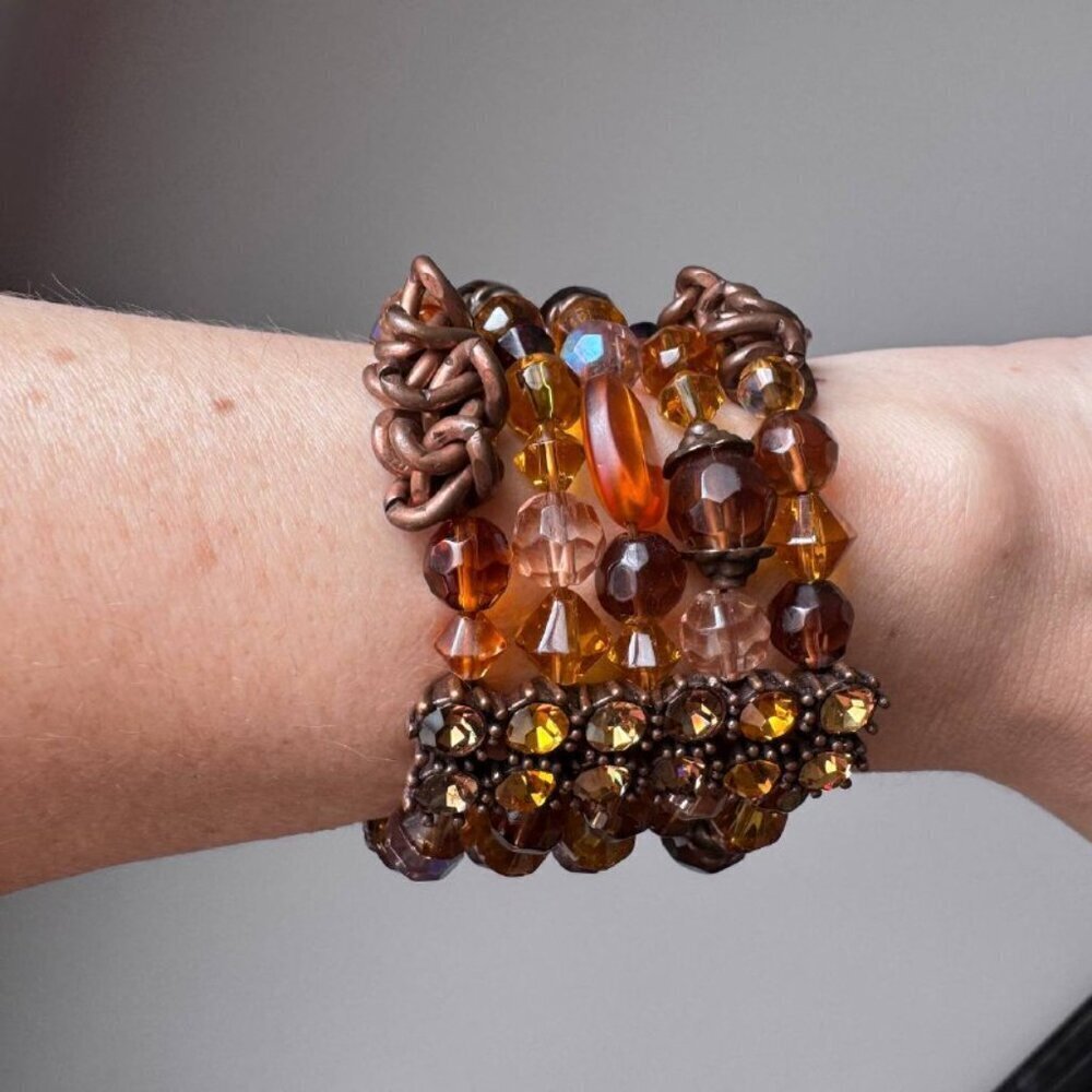 Boho-Chic Women’s Chunky Multilayer Bracelet with Crystals & Chains in Amber/Bro - Picture 5 of 7
